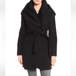 Tahari Black Wool Blend Shawl Collar Belted Wrap Coast
